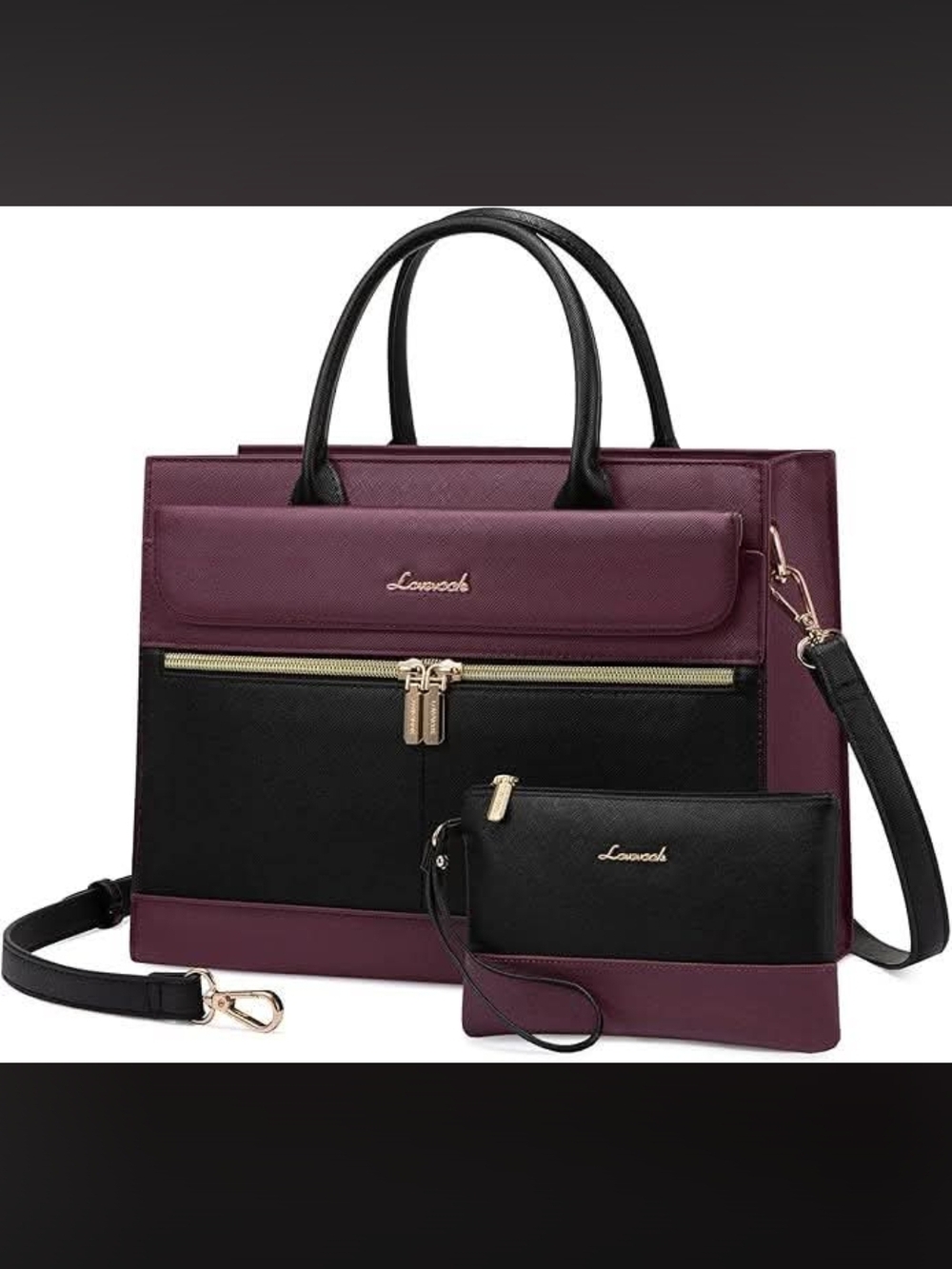 Lovevook Two-Tone Burgundy and Black Satchel Handbag with Wristlet.